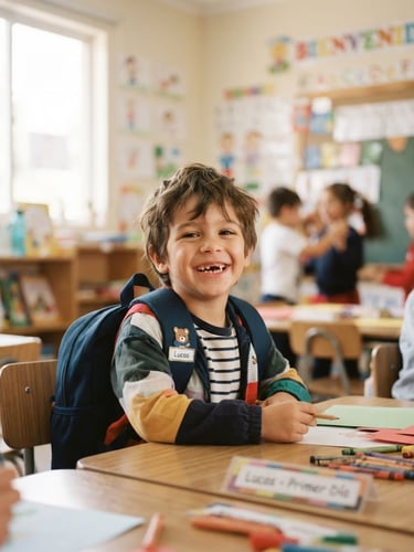 Un primer plano cálido de un niño sonriente de nivel inicial en su primer día de clases, luz natural suave de mañana en el aula.