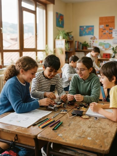 Bright classroom in Tolosa, children sitting at wooden desks working together on a science project, warm natural daylight streaming through large windows, shallow depth of field, 35mm editorial style