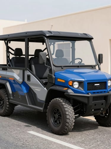 A clean, modern branded utility vehicle parked on a bright Dubai street, crisp industrial photography, natural daylight, sharp focus, 35mm