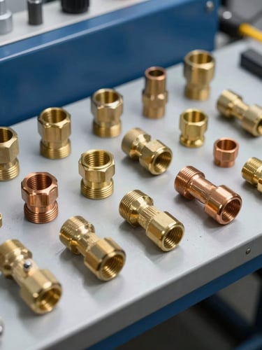 Neatly arranged brass and copper fittings on a clean industrial workbench, high-contrast utility lighting, sharp focus, 35mm