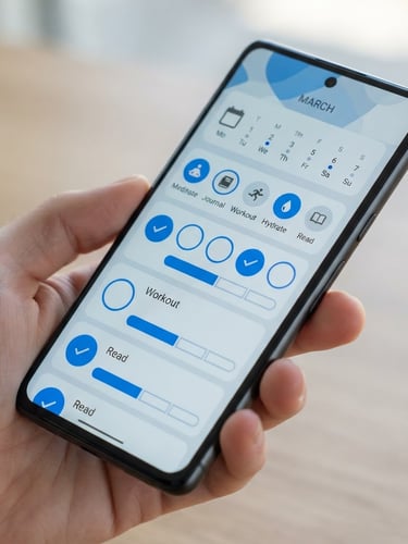 Sleek product photography of a modern Android phone displaying a clean habit tracker UI, natural daylight casting soft shadows on a dark aluminum frame
