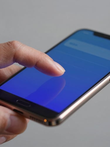 Macro close-up of hands interacting with a clean, dark-themed Android application on a modern phone screen, soft warm side-lighting highlighting the aluminum bezel