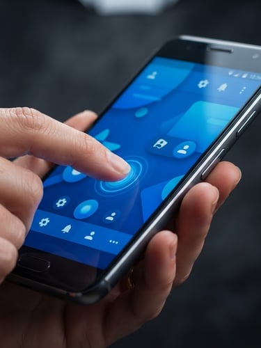 Macro studio shot of a hand tapping a high-fidelity physical Android device screen, vibrant blue interface, crisp glass reflections, dark charcoal background