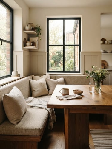 Sunlit corner breakfast nook with rich wood table and fabric benches, integrated into a compact architectural space, soft morning window light, warm editorial interior photography, 35mm