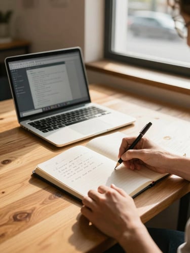 Wide environmental shot of a small business owner at a wooden desk, natural daylight from a side window, hands resting on an open notebook with handwritten notes, a laptop screen visible mid-workflow in the background, warm golden tones
