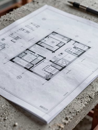 Close-up of physical architectural blueprints overlaying raw textured concrete on an active, clean construction site