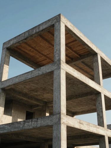 Low-angle heroic shot of a multi-story concrete structural frame meeting raw timber forms, high-contrast afternoon sun casting sharp geometric shadows.