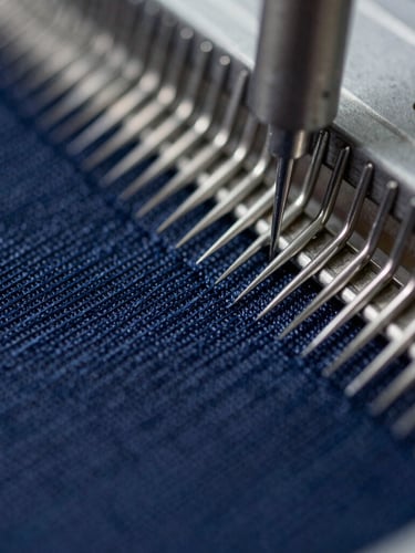 Macro shot of high-density embroidery threads being inspected under cool industrial light, sharp metallic needles, organized textile workshop