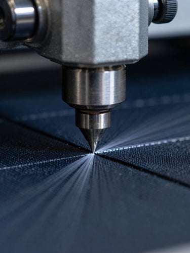 Macro close-up of a high-precision laser engraving beam cutting through dense textile, sharp metallic highlights, cool steel tones, industrial machinery background