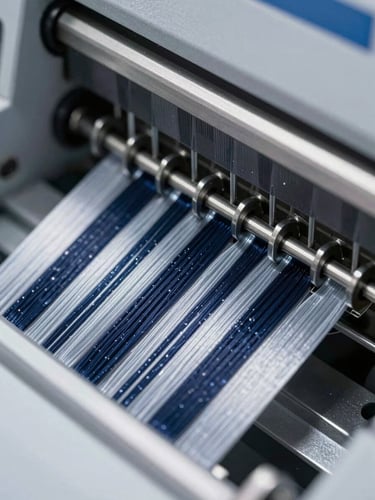 Macro shot of high-density embroidery threads on a modern industrial machine, sharp metallic highlights, cool steel tones, crisp industrial photography