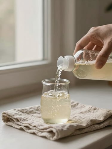 Warm editorial photography of a hand pouring natural dish soap from a glass bottle onto a linen cloth, soft morning window light, earthy muted tones, shallow depth of field, 35mm