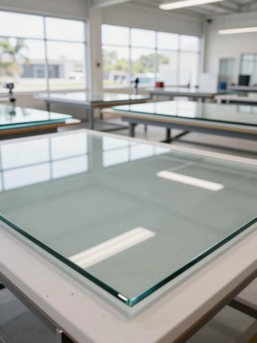 Wide-angle interior of a modern glass workshop in Florida, bright daylight illuminating large sheets of clear architectural glass resting on clean cutting tables, sharp focus