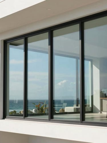 Crisp architectural photo of a modern coastal home with large impact-resistant glass windows reflecting the Florida sky, bright daylight, 35mm lens