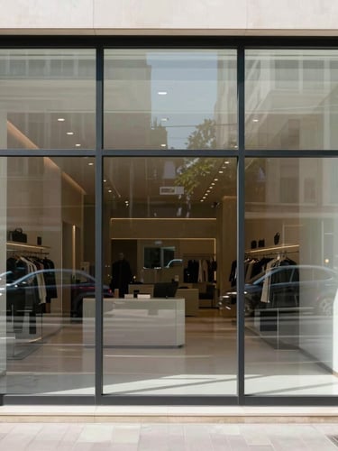 Straight-on architectural shot of a modern commercial storefront with large, clean glass panels reflecting a bright streetscape, high-contrast daylight, sharp focus, 35mm lens