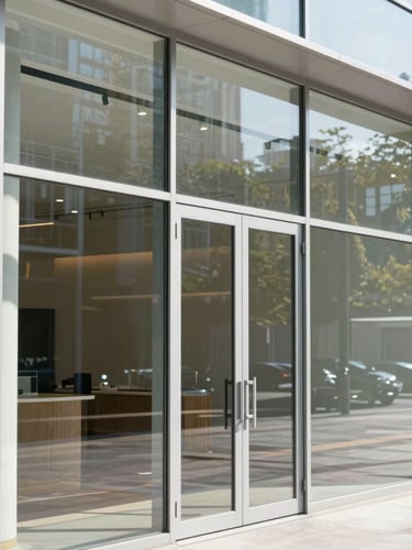 Crisp architectural photography of a modern frameless glass storefront reflecting bright natural daylight, sharp focus on clean metal joints, 35mm lens