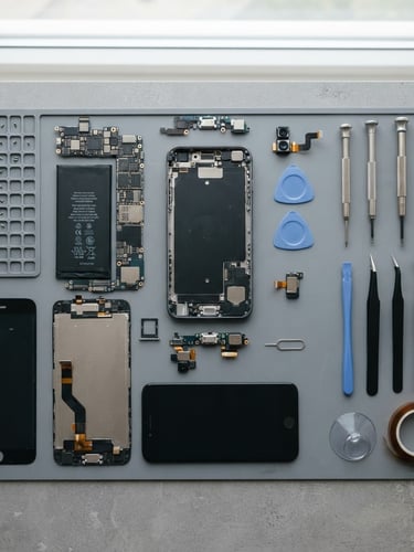 Overhead flat lay of a disassembled smartphone and testing tools on a neutral grey background, crisp product photography, bright natural daylight