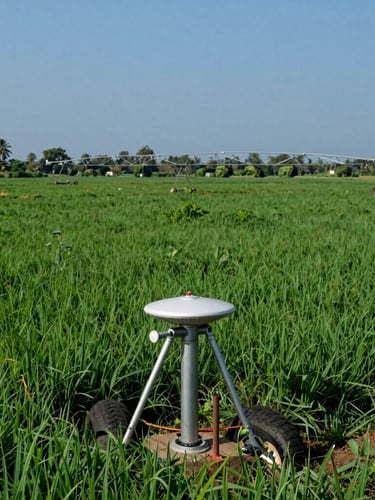 A wide-angle documentary shot of a lush green agricultural field in South India, with a modern irrigation system node visible in the foreground, sharp focus, natural daylight.