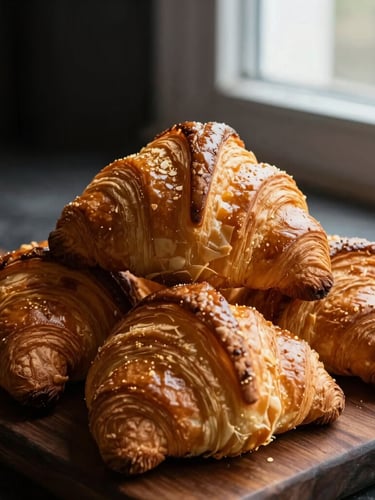 Close-up of golden, flaky croissants stacked on a dark wooden board, soft window light highlighting their texture, elegant food photography, rich dark tones with gold accents