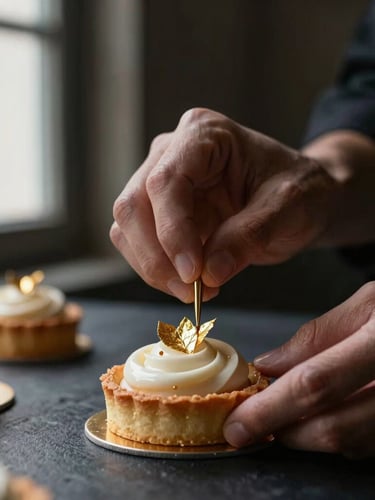 Elegant portrait of a pastry chef's hands meticulously decorating a delicate tartlet with gold leaf, soft window light, rich dark tones, macro depth of field, focus on precision and artistry.