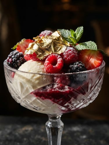 Vue macro d'une coupe glacée élégante, garnie de fruits rouges frais et d'une feuille d'or délicate, éclairage latéral dramatique, fond sombre.
