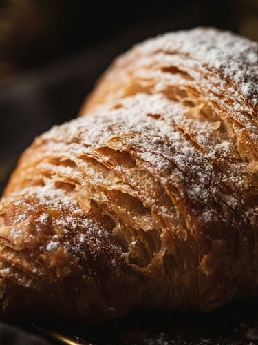 Close-up of a perfectly golden, flaky croissant, dusted with powdered sugar, dramatically side-lit, rich dark tones with gold accents, macro depth of field.
