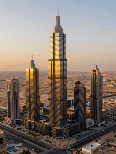 Wide environmental drone shot of a monumental multi-use skyscraper development in Sheikh Zayed at golden hour, dramatic warm lighting, architectural photography