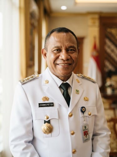 Portrait of Johannes Rettob, Regent of Mimika, smiling warmly, wearing official white uniform, natural daylight, soft gold background, warm editorial photography