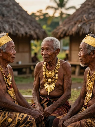 Johannes Rettob interacting with local Papuan elders in a traditional village setting, warm golden hour light, natural unposed expressions, rich deep tones with gold accents.