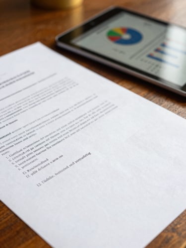 A close-up of official government documents and a modern tablet displaying data charts on a wooden desk, warm natural lighting, shallow depth of field