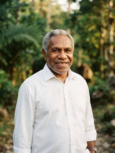Portrait of Johannes Rettob in a clean white shirt, smiling warmly, outdoor natural daylight in Mimika, lush green Papuan background, 35mm warm editorial photography, shallow depth of field.