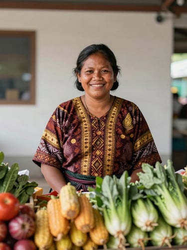 Warm editorial portrait of a Papuan female merchant smiling behind her colorful vegetable stall in a clean modern market, natural daylight, shallow depth of field, 35mm.