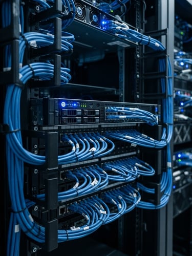 A close-up of a clean server rack with blue status lights, organized patch cables, cool technical studio lighting