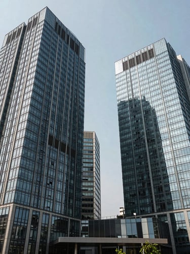 Wide-angle architectural view of modern glass commercial towers in Lusaka under sharp daylight, clean lines, professional atmosphere.