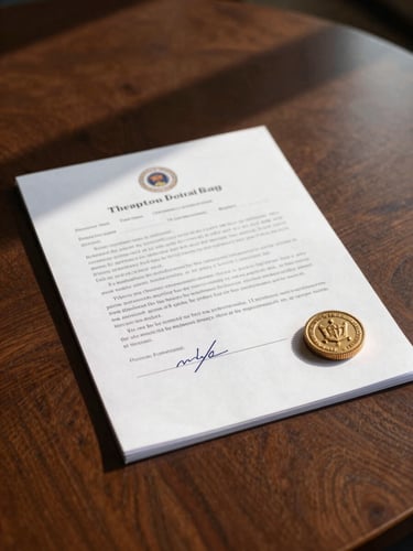 Close-up of a signed legal contract with a corporate seal on a dark wood boardroom table, sharp shadows, natural side light.