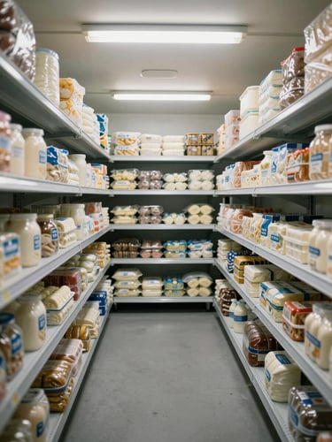 Wide shot of a cold-storage room interior, shelves lined with packaged dairy and frozen goods in temperature-controlled conditions, bright fluorescent overhead lighting casting even neutral light across organized inventory rows