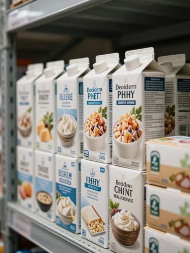 Close-up of organized dairy product cartons and labeled frozen food boxes stacked neatly on a warehouse shelf under neutral overhead lighting, product labels clearly visible, industrial metal shelving in background