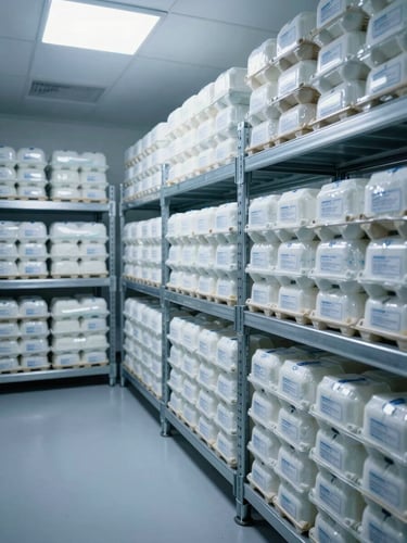 Wide interior shot of a commercial cold-storage room, right edge of frame, stacked dairy cartons and frozen goods organized on metal shelving under bright overhead warehouse lighting, cool blue-white ambient glow, no people, product labels faintly readable