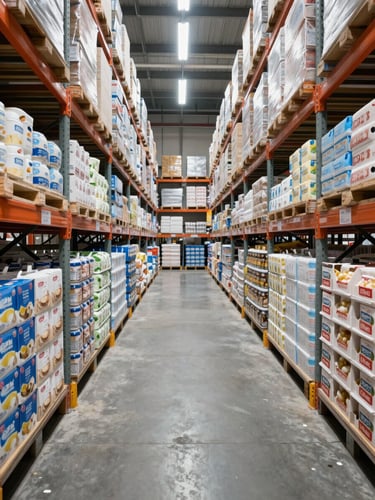 Wide environmental shot of a refrigerated warehouse aisle, stacked cartons of dairy and frozen goods on both sides under cool overhead lighting, concrete floor, industrial racking, no people, neutral daylight tone