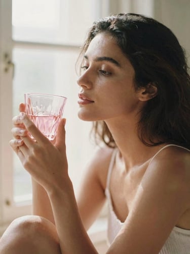 Serene Brazilian woman with healthy glowing skin sitting in warm morning window light, holding a delicate pink glass, 35mm film style, shallow depth of field