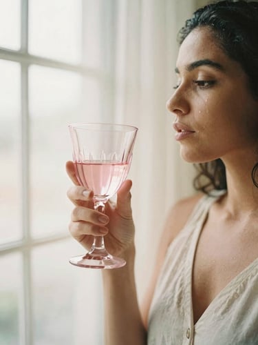 A serene Brazilian woman in soft morning window light holding a delicate pink glass, warm cream tones, shallow depth of field, 35mm film