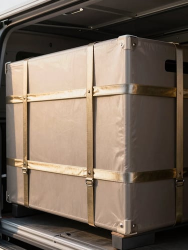Close-up of secured high-value cargo inside a pristine, clean transport vehicle, soft warm champagne gold highlights on metallic straps, sharp focus, architectural daylight, 35mm