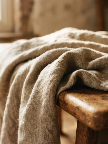 Macro photograph of heavy-gauge Belgian linen blanket draped over a low-slung oak bench, soft morning window light, warm shadows