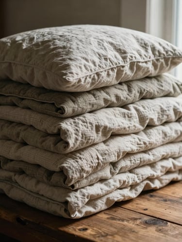 A stack of heavy organic cotton quilts and linen pillow covers on a rustic wooden table, warm low-contrast editorial photography, 35mm