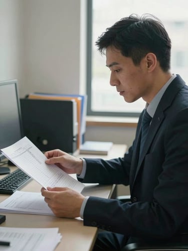 Close medium shot of a school office administrator at a desk reviewing printed attendance records, natural window light from the right, a computer screen and stacked folders visible in the background, calm focused expression