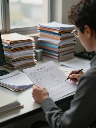 Wide environmental shot of a school office administrator at a cluttered desk reviewing printed enrollment documents under natural window light, stacks of folders visible in background, medium shot, overcast daylight, no staging