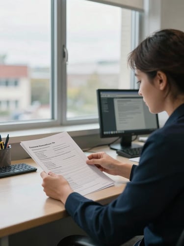 Wide environmental shot of a school office administrator seated at a desk near a large window, natural overcast daylight, reviewing printed enrollment forms with a computer screen visible in the background, mid shot, calm and purposeful