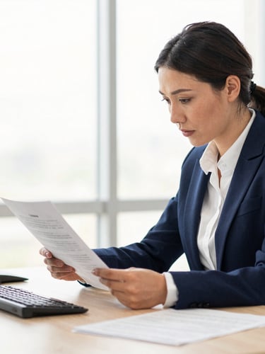 A professional consultant in a well-lit office environment reviewing loan documents, soft natural daylight, 35mm lens, high-trust editorial style.