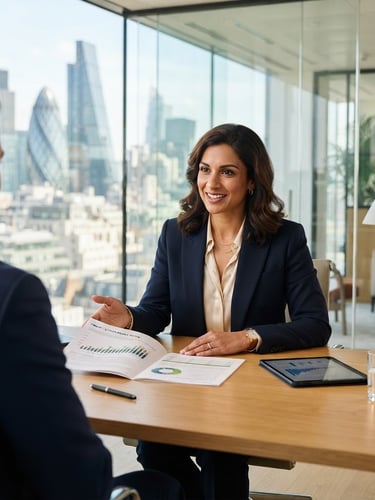 A professional financial consultant in a bright, modern glass-walled office, natural daylight, deep navy and warm cream tones, 35mm lens, sharp focus