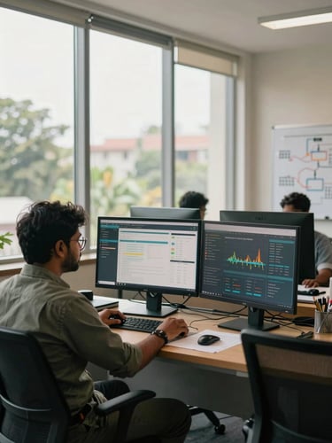 Wide environmental shot of a modern Indian institutional workspace, left third, a developer reviewing data visualizations on dual monitors, natural daylight from tall windows, whiteboard with system diagrams partially visible in background, warm daylight, documentary framing