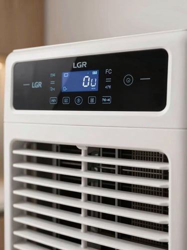 Macro shot of a high-performance LGR dehumidifier operating in a modern Manhattan kitchen, crisp lighting on digital control panel